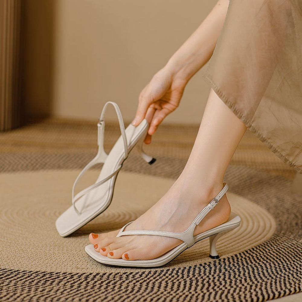 Women Sandals Leather High Heeled Sandals Women's Slippers Summer Outside Stiletto Back Strap Threaded Flip Flops Cool Slippers