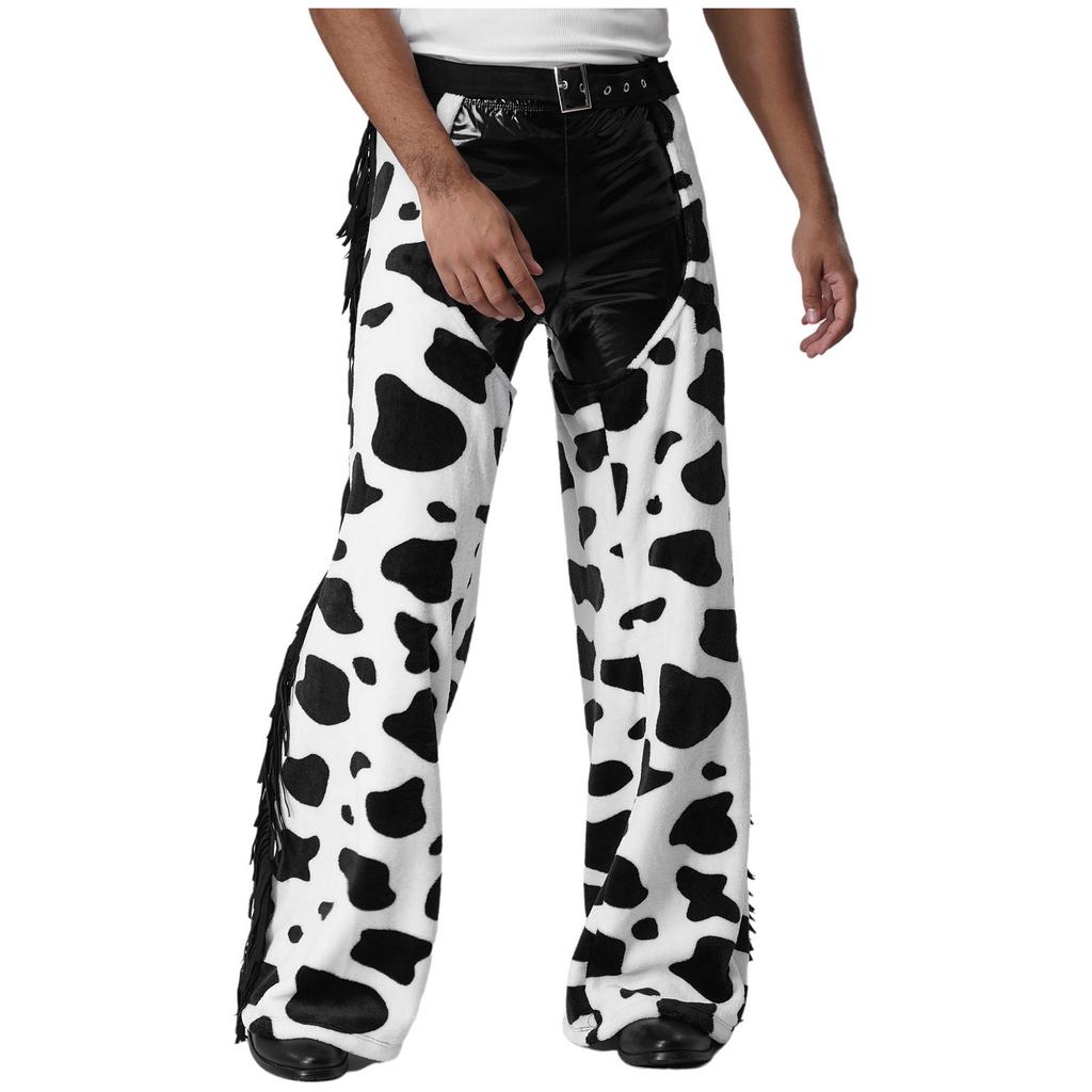 Men's Cow Print Flannel Chaps - Adjustable Waist Open Crotch Biking Pants with Side Tassels for Cowboy/Halloween (S-4XL)