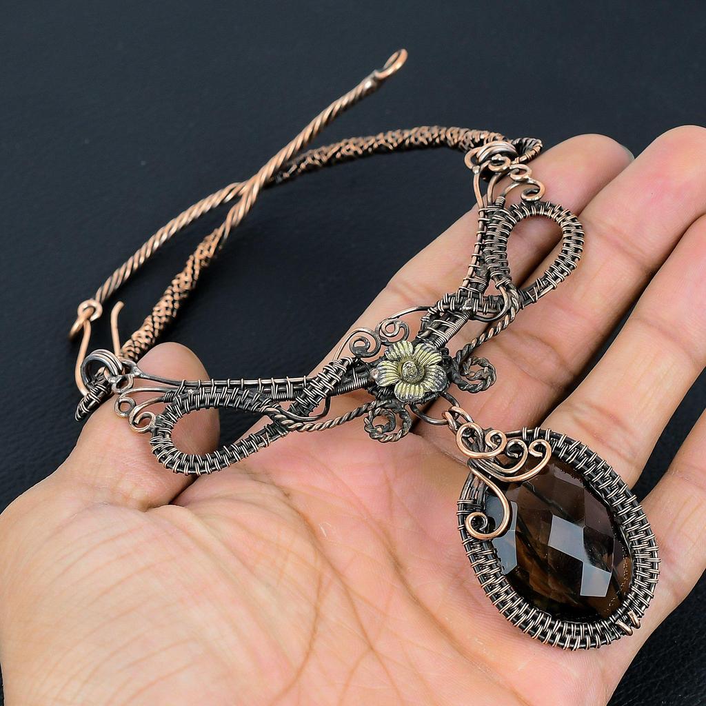 Ожерелье из дымчатого топаза Ручная работа, Ожерелье, обернутое медной проволокой 999 пробы, Дизайнерское украшение с драгоценным камнем, Ожерелье с регулируемой цепочкой, Подарок для мамы