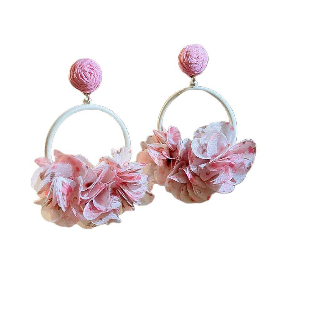 Colorful Fabric Flower Eardrop Sweet Exaggerated Earrings Fashion Mesh Flower Earrings Women