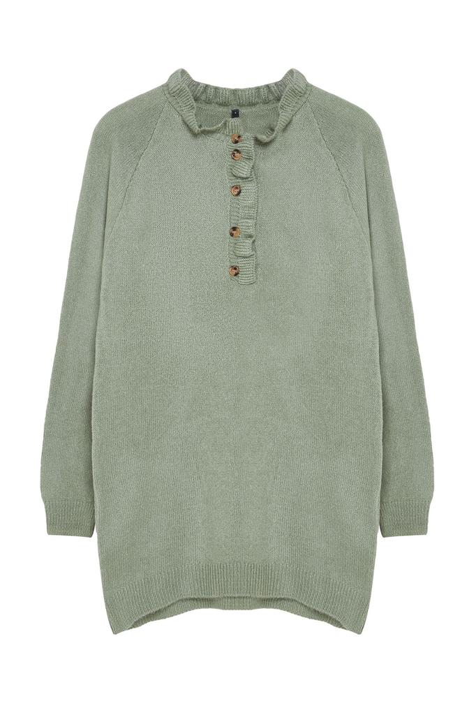 Women's Fashionable Stylish Hijab Sweater Mint Collar Frilly Buttoned Knitwear Sweater