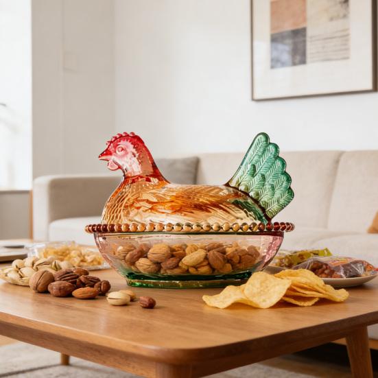 Стеклянная конфетница в форме курицы, блюдо для десерта «Курица на гнезде» с крышкой, забавная миска для закусок для фруктов, салатов, домашний декор для стола