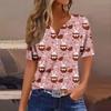 Women's Casual Print V-Neck Short Sleeve Decorative Button T-Shirt Top