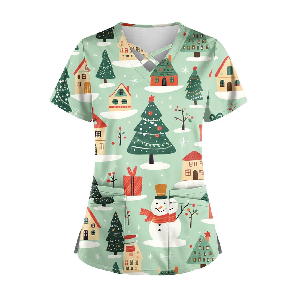 Women's Short Sleeve Stagger V Neck Christmas Print Pocket Dry-nurse Top