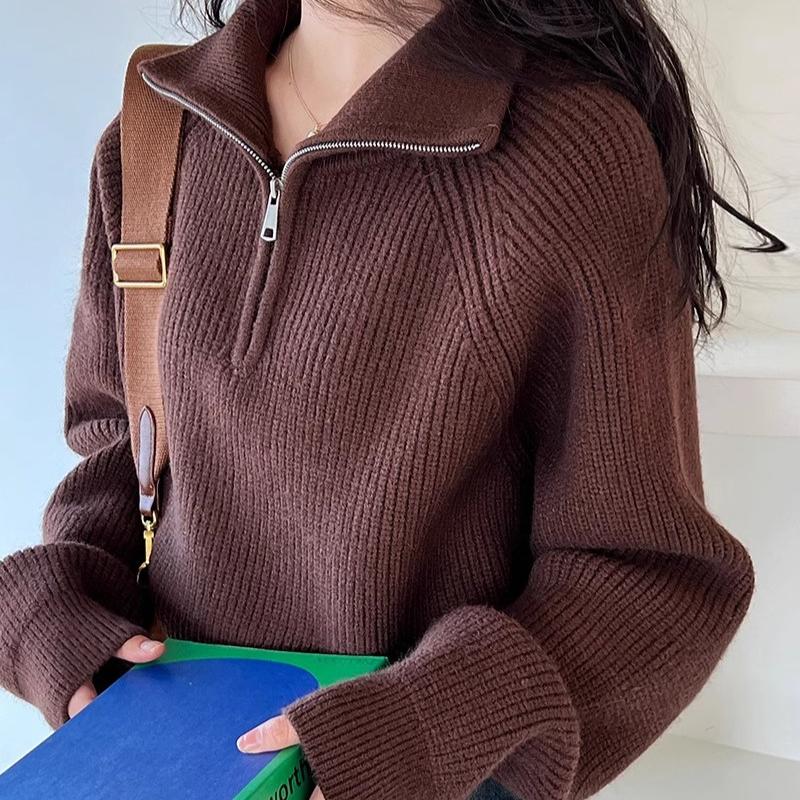 Женский вязаный свитер с полувысоким воротником и застежкой-молнией, осенний, с рукавами-фонариками, винтажные свободные свитера, зимние толстые повседневные однотонные теплые джемперы 25404