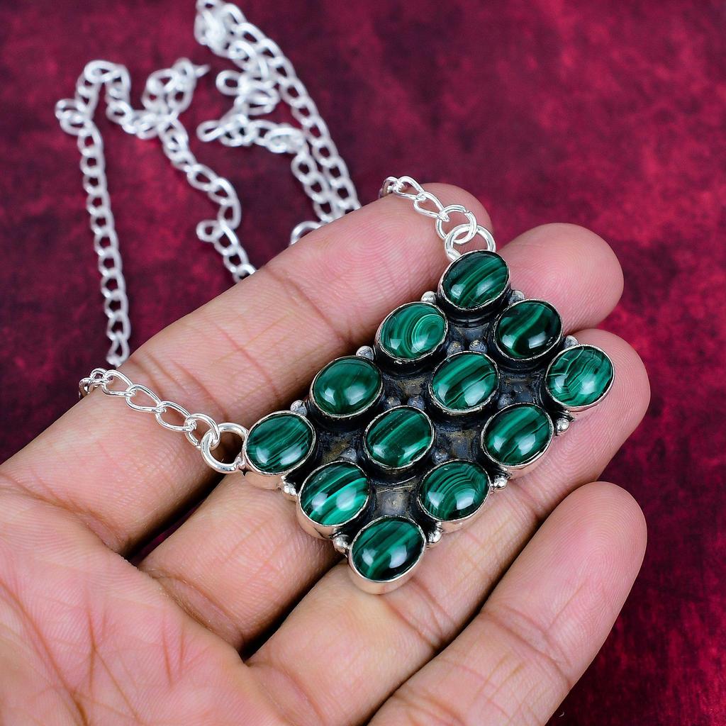 Malachite Necklace, 925 Sterling Silver Adjustable Chain Necklace. Gift For Women Handmade Necklace Gemstone Jewelry