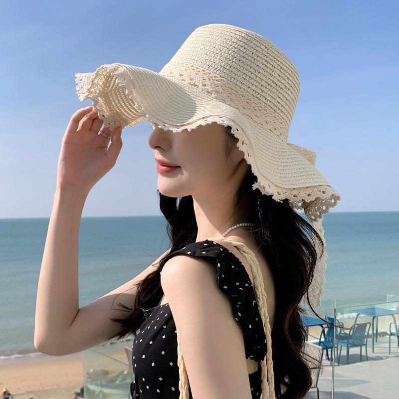 Летняя защита от солнца шляпа от солнца детская морской отдых соломенная шляпа волнистое кружево шляпа от солнца