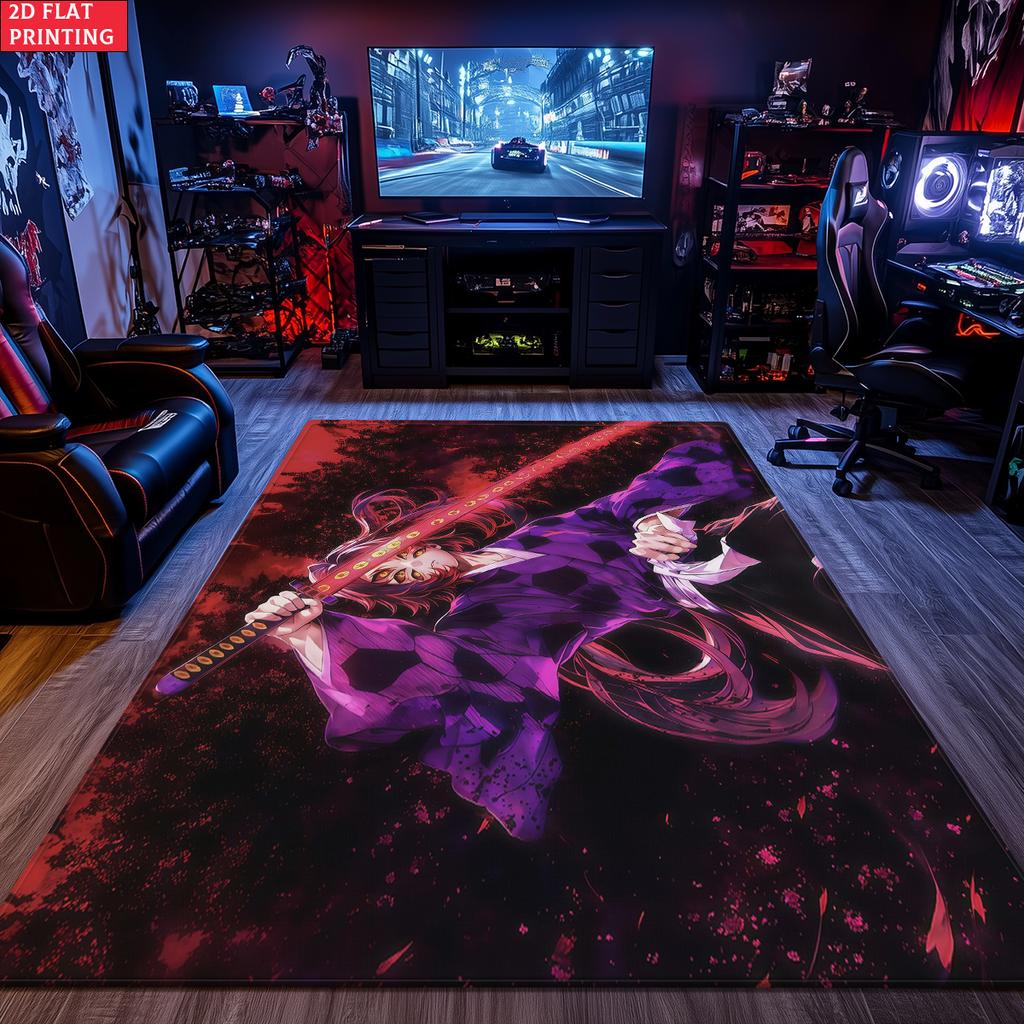 Anime Swordsman Area Rug, Purple Red Flame Theme Floor Mat, Decorative Carpet for Gaming Room Bedroom, Washable Home Decor Gift