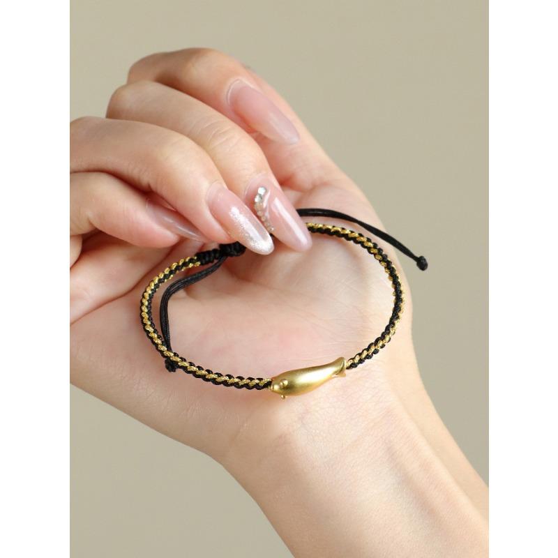 Ручная работа 999 пробы Серебряный Маленький Золотой Рыбка Этнический Стиль Унисекс Браслет-Шнурок