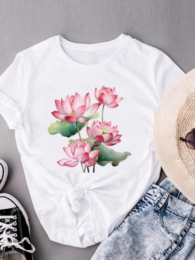 (Азиатский размер) Футболки с коротким рукавом с милым цветком, футболка с модным принтом для женщин, повседневная женская футболка с графическим принтом