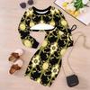 Girls Cartoon 2 Piece Outfits, Long Sleeve Crop Top + Spaghetti Strap Bodycon Dress, Fun Vintage Print Party Dress Set