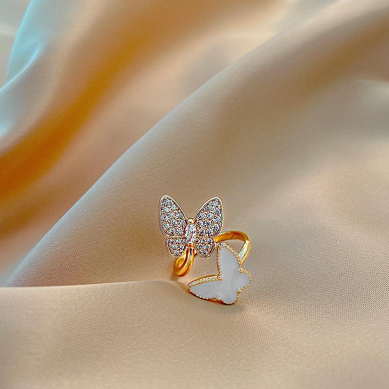 Двойные кольца-бабочки для женщин, регулируемое кольцо с открытием указательного пальца, кольцо со стразами, роскошные ювелирные изделия, аксессуары для темперамента