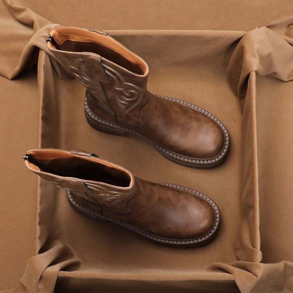 Ladies Mid Calf Shoes Middle Heel Autumn Embroidery Women's Half High Boots Designer Luxury On Promotion Boot Offer Work Sale Pu