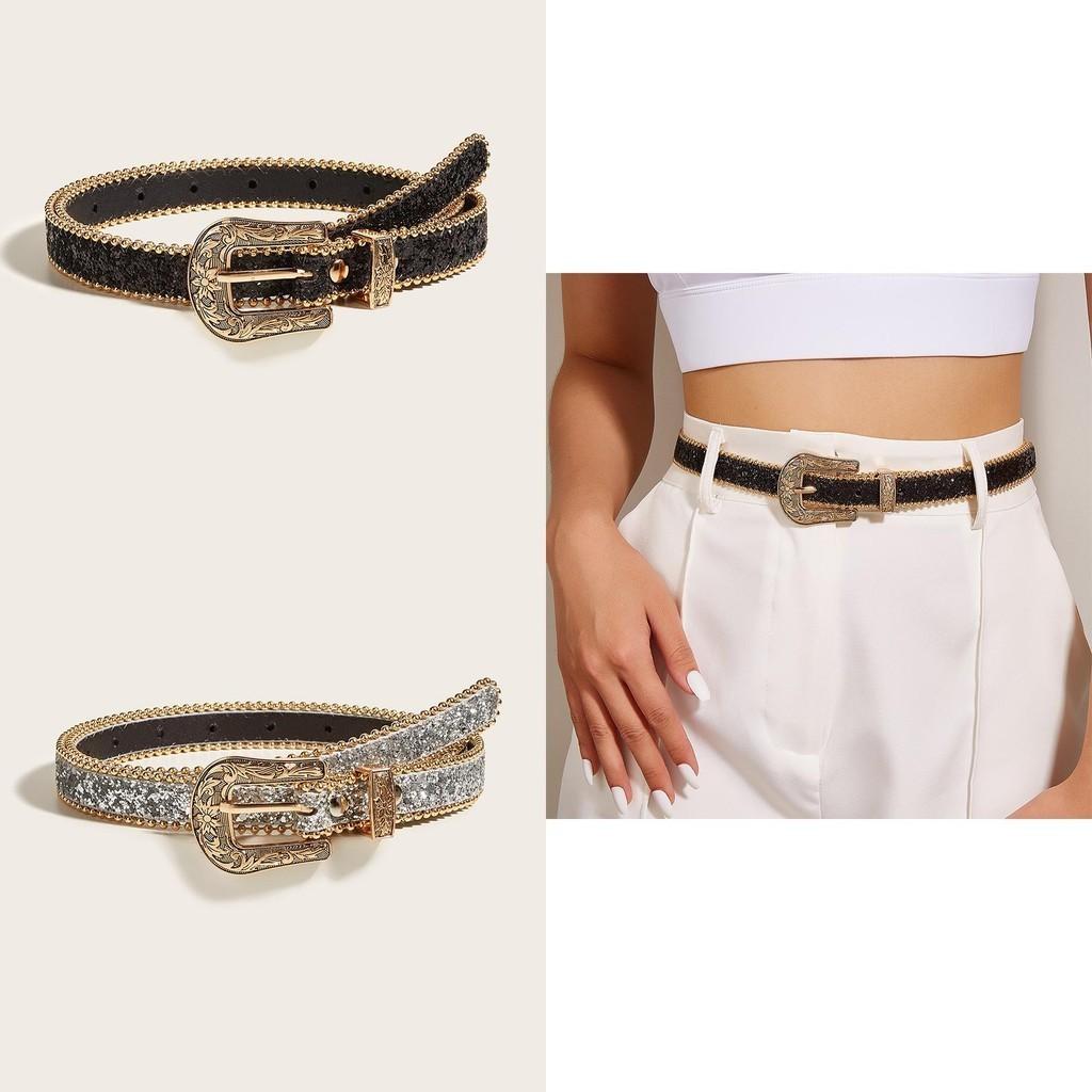 Женский ремень с резной пряжкой в стиле Ins из ПУ кожи, модный пояс для талии, европейский и американский стиль, блестящий, для узких джинсов