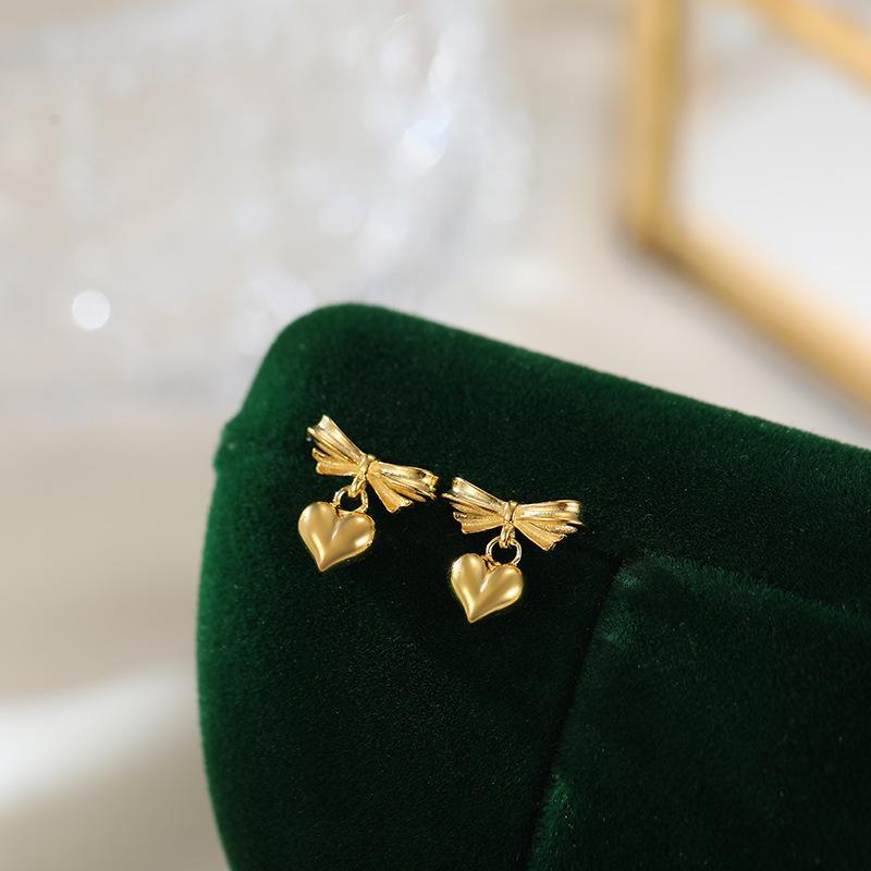 Серьги Banyan Tree S925 Серебро Бант Сердце - Корейский Стиль, Высокий Класс, Дизайн Милой Девушки