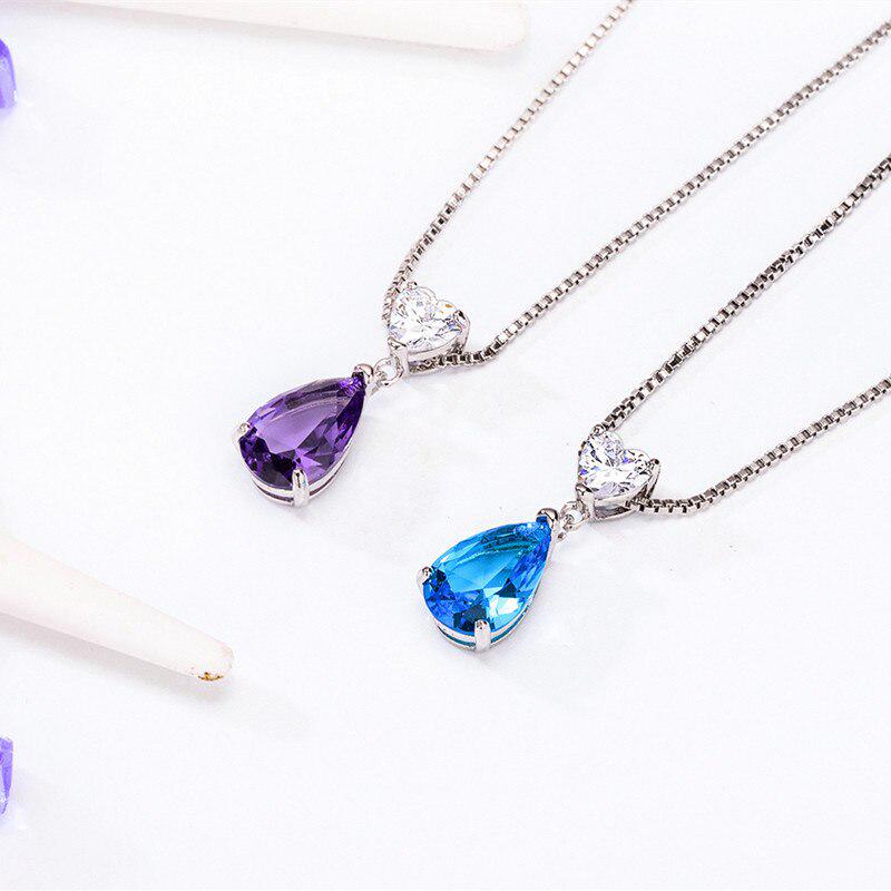 925 Silver Pendant Necklace with Oval Shape Amethyst Gemstones Zircon Hearty Shape Stone Women Party