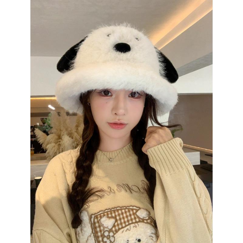 Women Students Cute Plush Dog Long Ear Bucket Hat Autumn Winter Warm Windproof