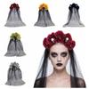 Long Ribbon Veil Halloween Hair Band Skull Design Gothic Head Hoop Flowers Headdress Costume