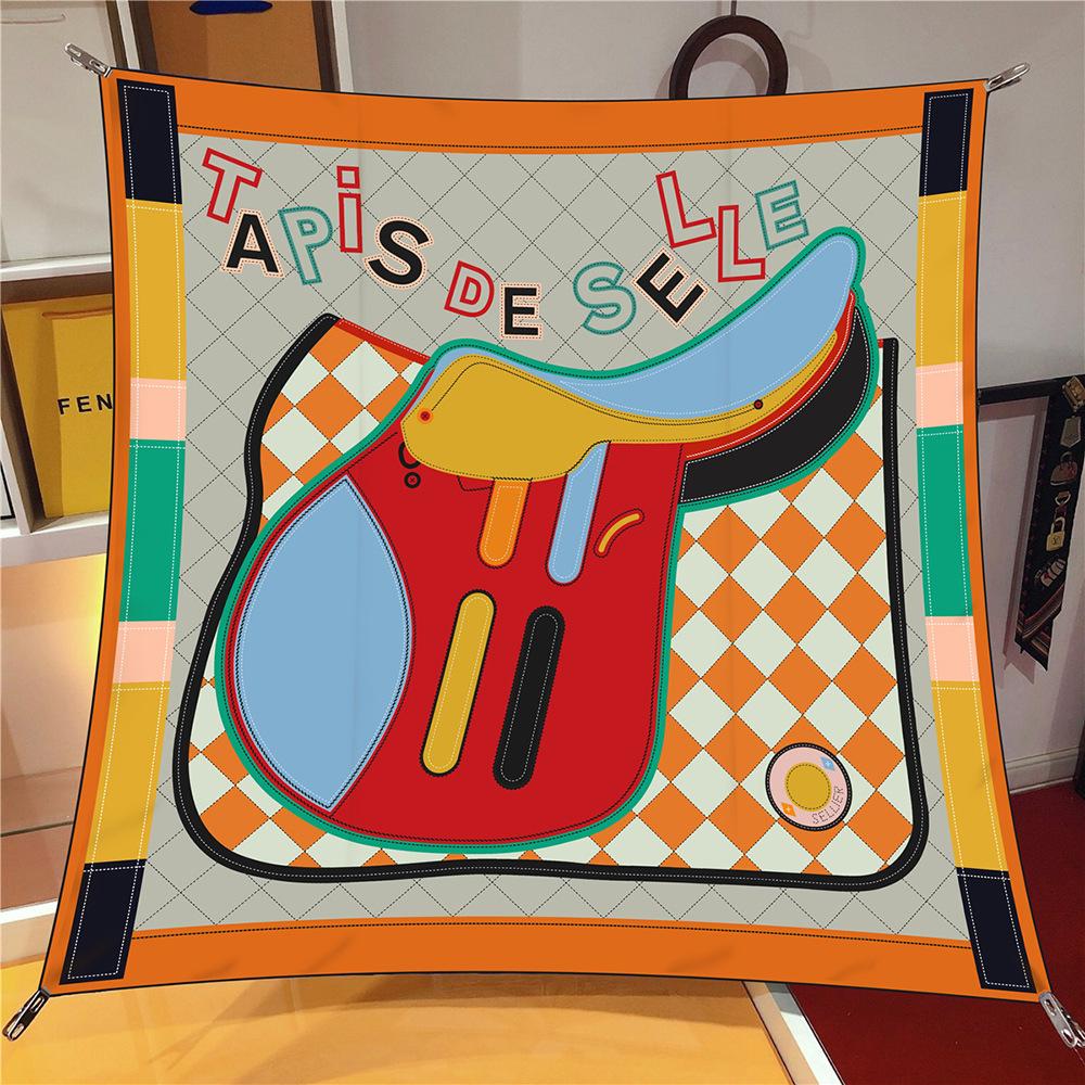 90CM Fashion Twill Silk Scarf For Women Checkered Saddle Print Wraps Headband Shawl Stoles Hijab Lady Square Foulard Bandana