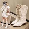 Fashion Women's Embroidered Western Mid Calf Boots Cowboy Square Heels Boots Pointed Toe Platform Boots Women Western Shoes Plus Size 42