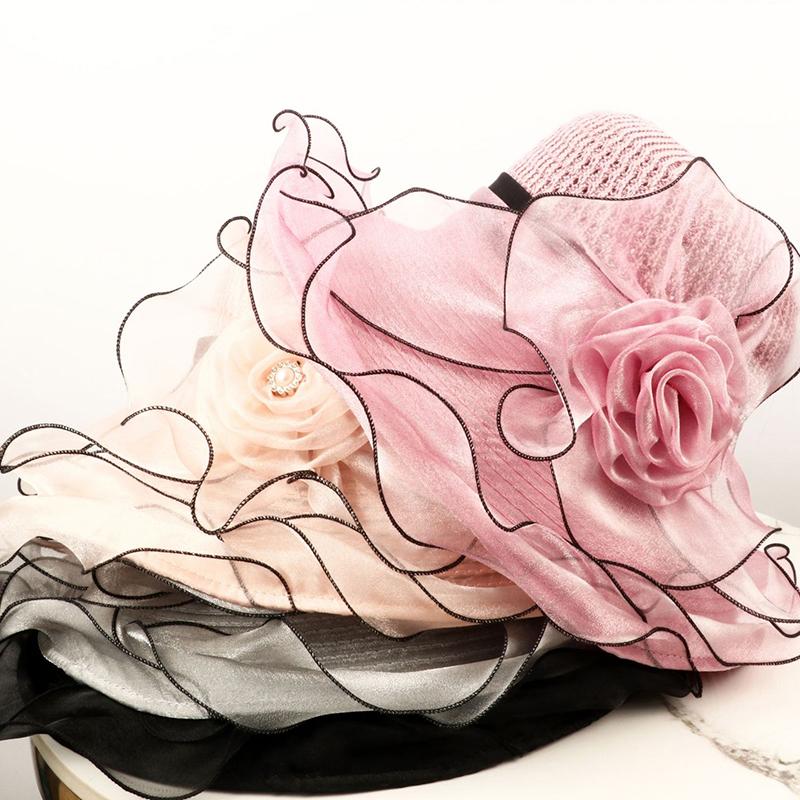 Elegant Summer Women'S Sun Hat Breathable Organdy Material Foldable Design Top Flower Organza Wide Brim Ruffled Beach Hat
