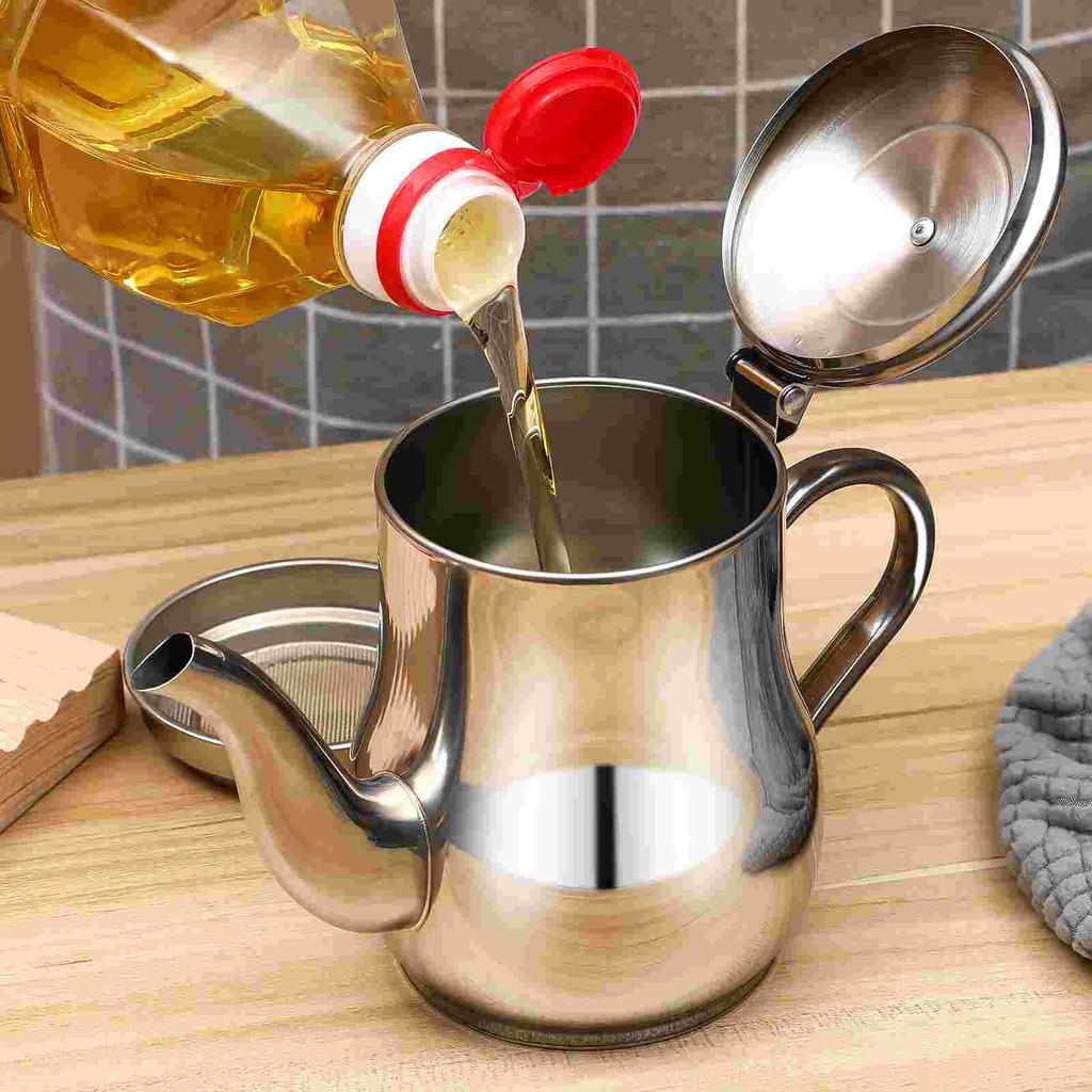 Stainless Steel Oil Pot Filter with Strainer Pan Container Olive Filtering Storage Holders Gravy