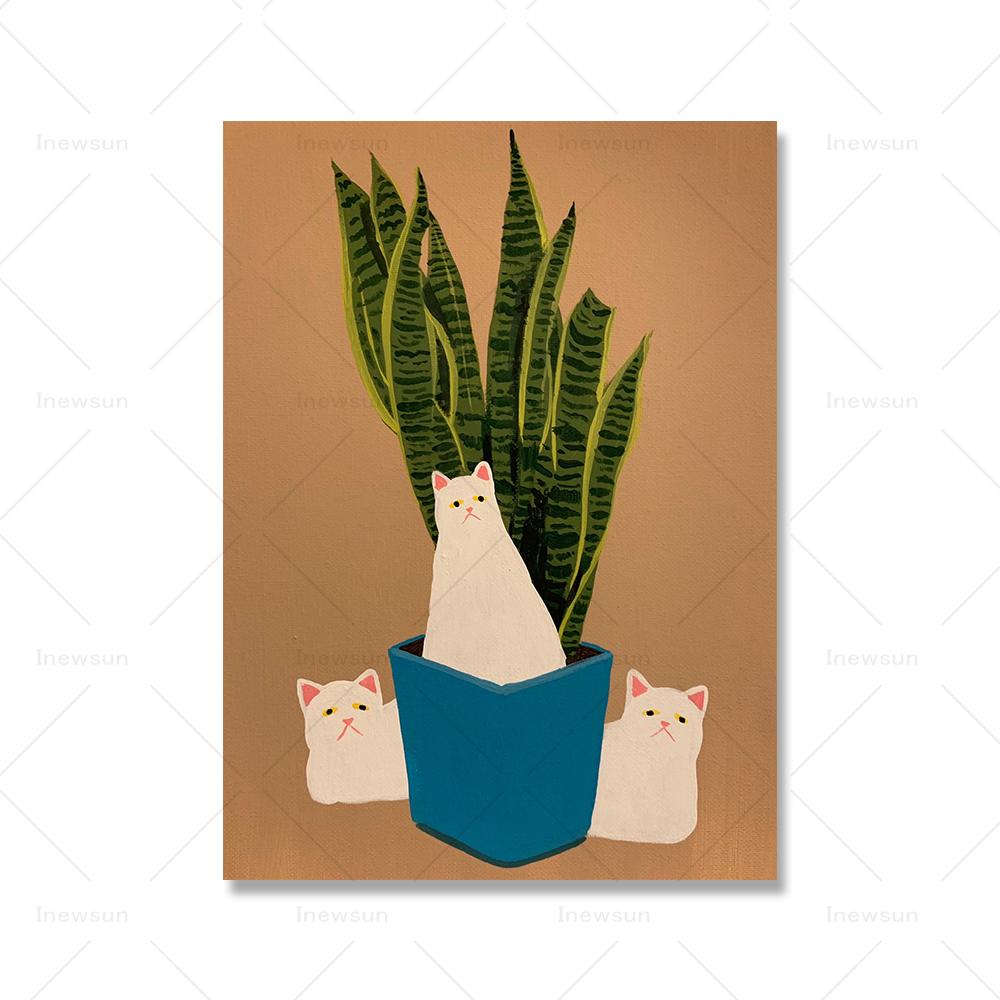 Cat with Plants Canvas Prints Painting Posters Abstract Cat Modern Nordic Wall Pictures Art for Kids Room Bedroom Home Decor