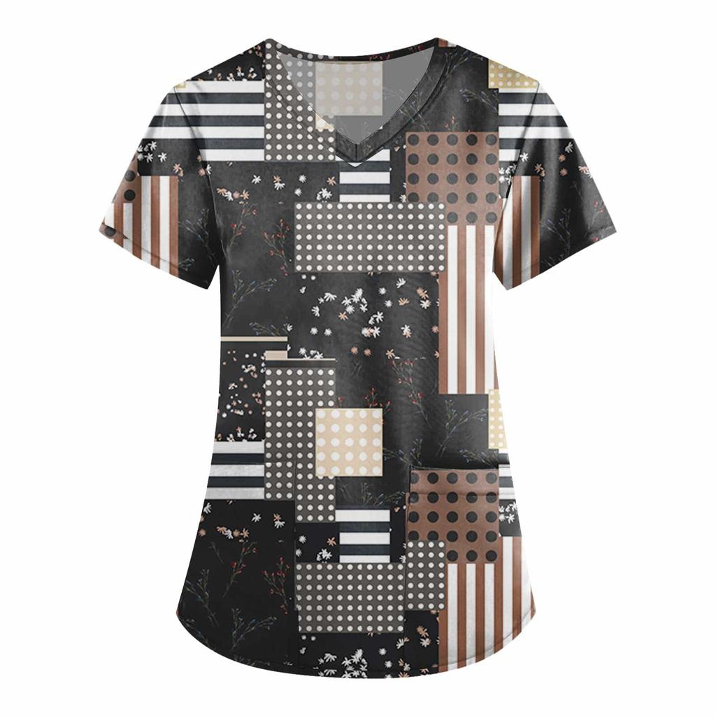 Women's Fashion V-neck Short Sleeve Workwear With Pockets Printed Tops