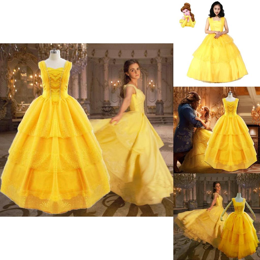 Disney Princess Belle Cosplay Costume Fancy Dress Halloween Adult Yellow Layered Full-length Ball Gowns