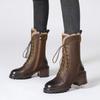 Autumn Winter Fleece-Lined Lace-up Ladies Mid Calf Shoes Warm Round Toe Middle Heel Women's Half High Boots  New In Footwear