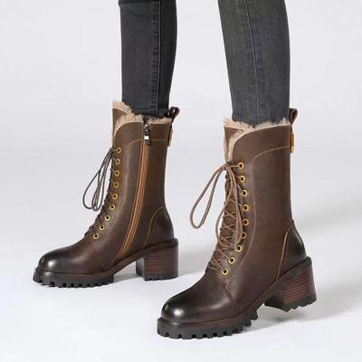 Осенне-зимние женские полусапоги до середины икры на шнуровке с флисовой подкладкой, теплые, с круглым носком и средним каблуком, новинка 2025 года в обуви