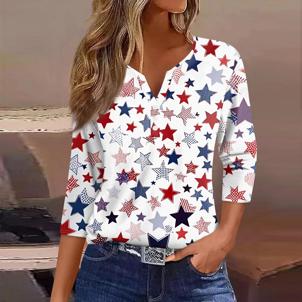 Жен. Футболка С принтом Пуговицы Рукав 3/4 Повседневные Выходные Мода Классический Классический V-образный вырез Обычный Верх