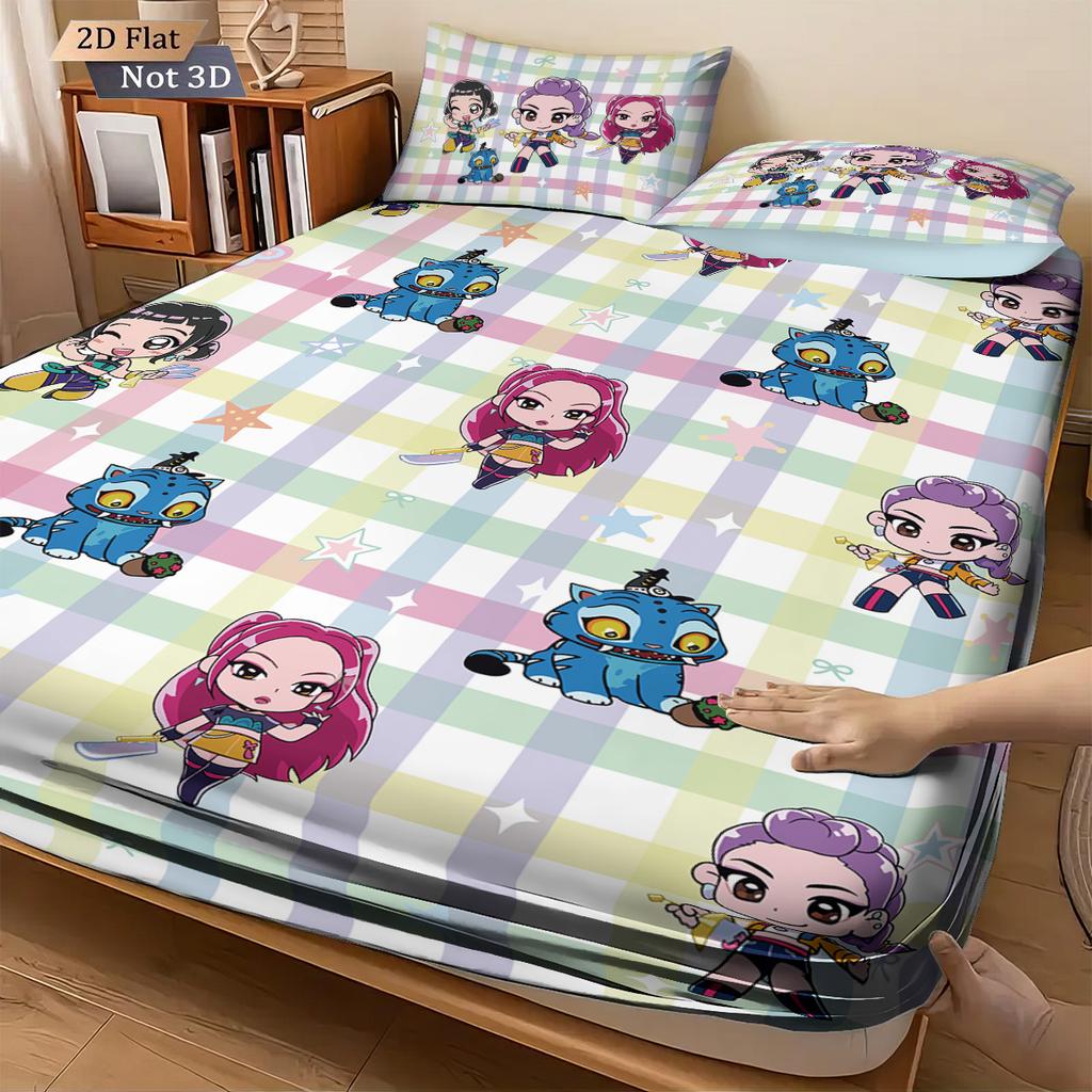 3pcs K-Pop Demon Hunters Print Coreless Bed Sheet Set Multiple Sizes Soft Bed Cover Bedroom Bedding Decoration Machine Washable