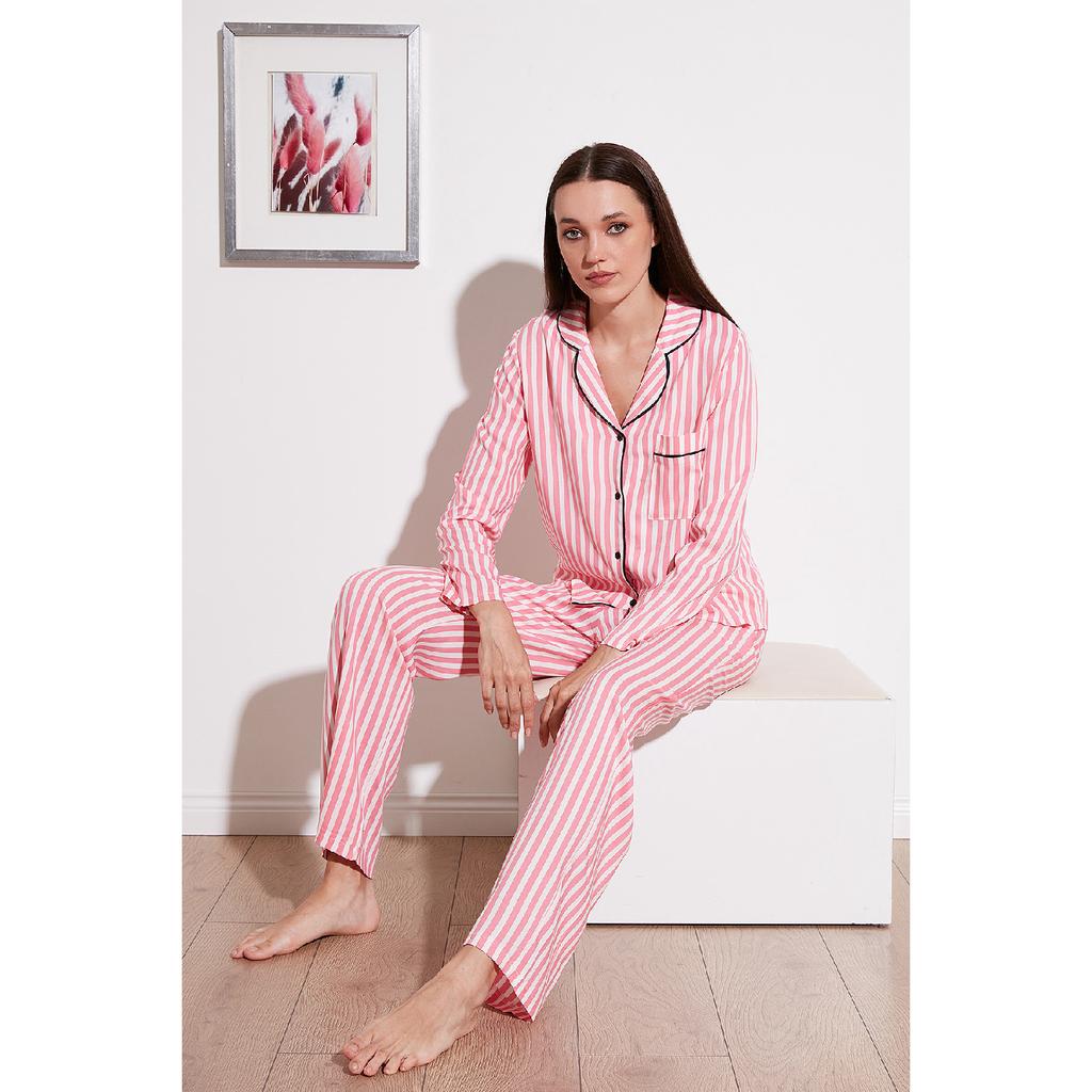 Пижамный комплект из хлопка и гибкой передней части с пуговицами в розовую и белую полоску