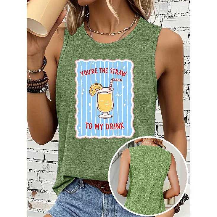 Women's sleeveless vest T Shirt Drink straw blue striped letter print casual crew neck top Soft, skin-friendly, breathable, comfortable, machine