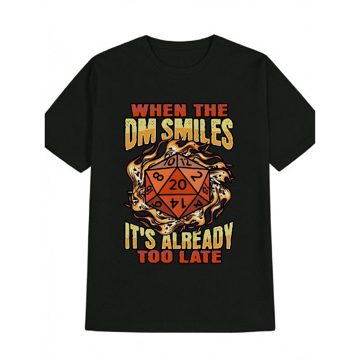 Men's D20 Dice Flame & "When the DM Smiles" Tabletop RPG T-Shirt - Lightweight Gamer Tee for D&D Fans, Casual Crew Neck Short Sleeve Summer Top