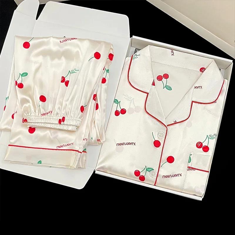 Весна-лето искусственный шелк пижамы для женщин кардиган с отворотами домашние комплекты женские 2 предмета милая цветочная домашняя одежда мягкая пижама