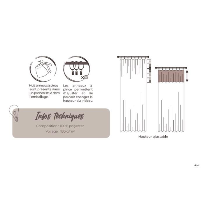 Voilage ajustable + 8 anneaux pince 140 x 270 cm Polyester effet lin "Nia" Le fil d'Ariane - Sable