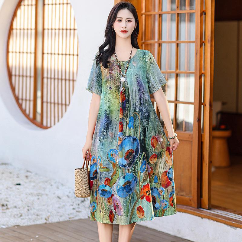 Летнее этническое миди-платье с цветочным принтом из хлопка и шелка – с коротким рукавом, свободного кроя, стройнящая накидка для мам