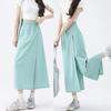 Women Cargo Pants Elastic High Waist Wide-Leg Skirt Pants with Pockets Solid Color Summer