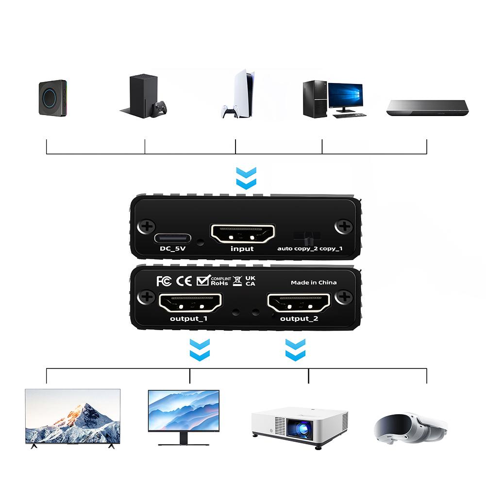 HDTV 1X2 Splitter 8K60hz/4K120hz/1080P240hz HDMI-Compatible 1 To 2 Splitter Dual Display Video Splitter for PS 4/PS 5/Computer