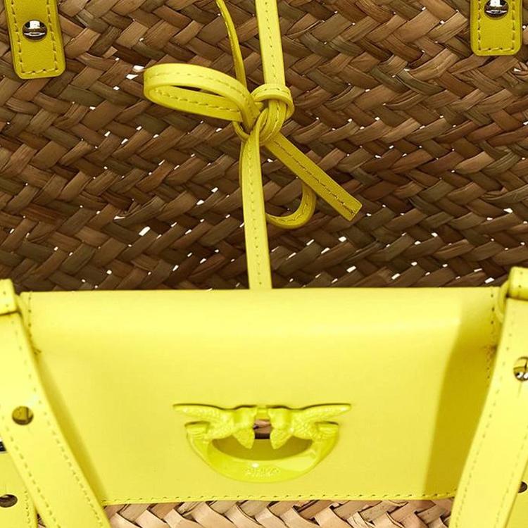 Pinko Logo Woven Detail Beach Vacation Casual Tote Bag Women tote bags Khaki Yellow 103324-A1RL-O9YB