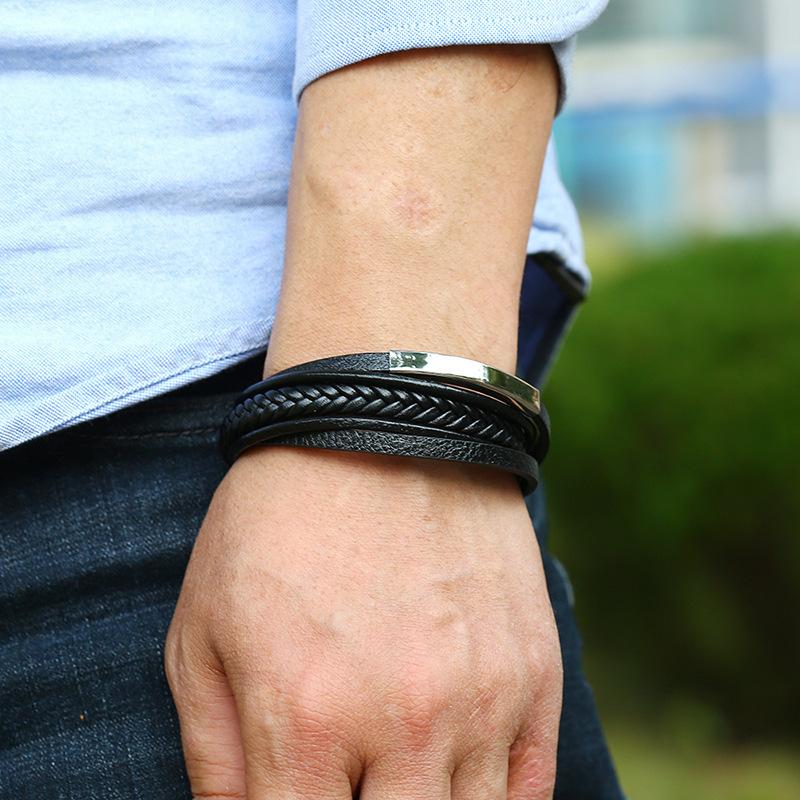 Браслет из нержавеющей стали, простой многослойный плетеный браслет из воловьей кожи в стиле ретро из титановой стали