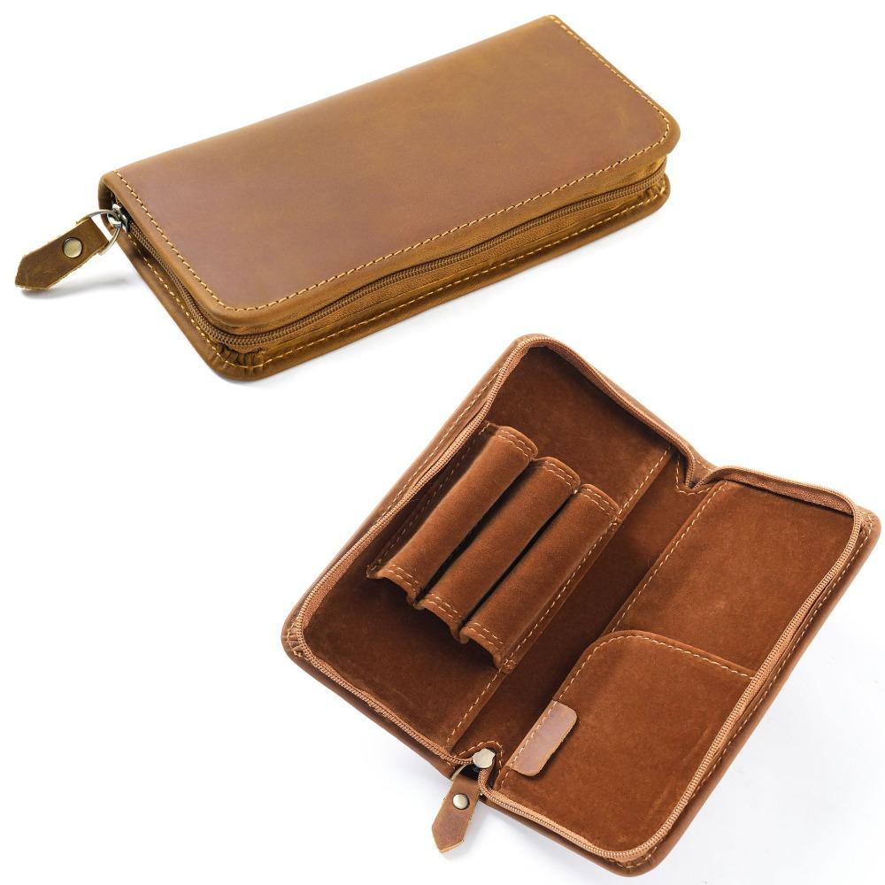 Top Layer of Cowhide Cowhide Pen Case Zipper Closure Card Holder Pen Pouch Handmade Large Capacity Pen Holder Organizer