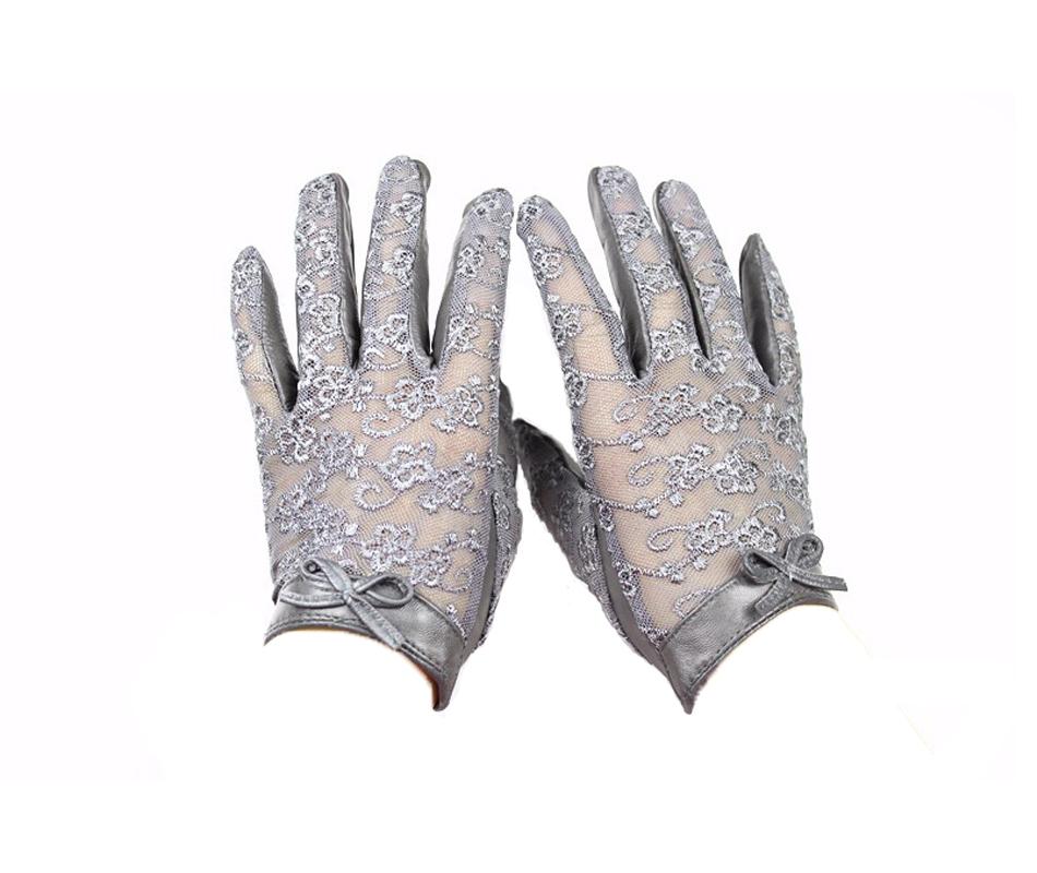 Thin Sheepskin Gloves Women's Leather Touch Screen Fashion Lace Unlined Short Spring and Autumn Driver's Gloves