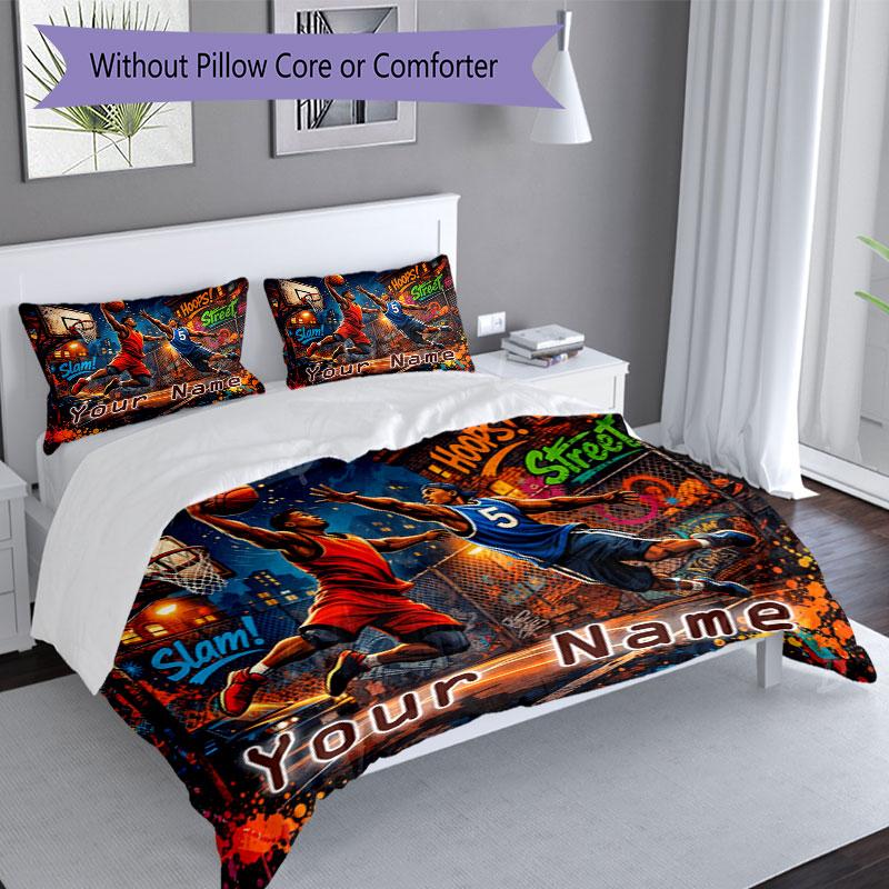 3PC Custom Name "Street Basketball Dreams" Bedding Set Printed Bedding Set Duvet Cover Closure Includes 1 Duvet Cover & 2 Pillowcases for All Seasons