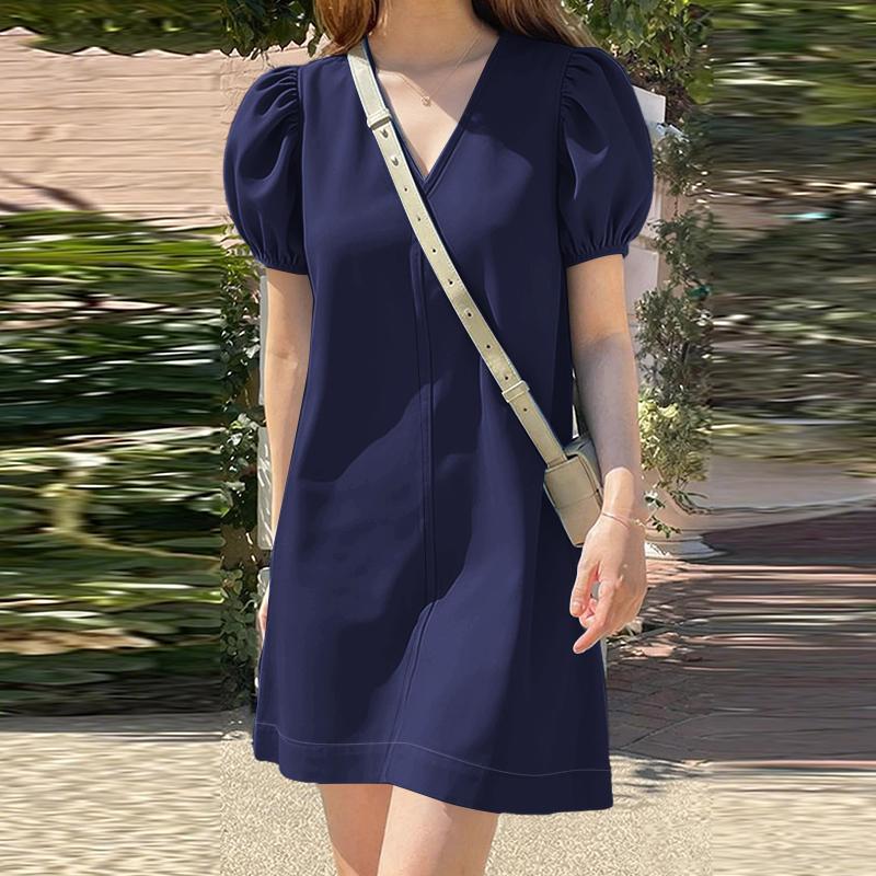ZANZEA Women Casual V-Neck Solid Color Summer Short Sleeve Dress