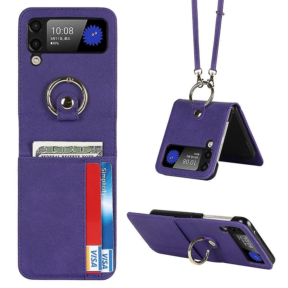 For Samsung Galaxy Z Flip3 5G Lanyard Design Cross Card Holder Phone Case with Ring Kickstand