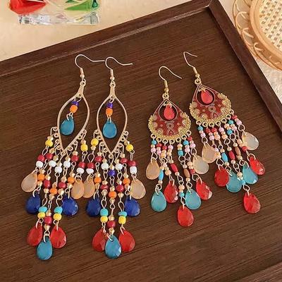 Этнические длинные серьги с кристаллами и кисточками
