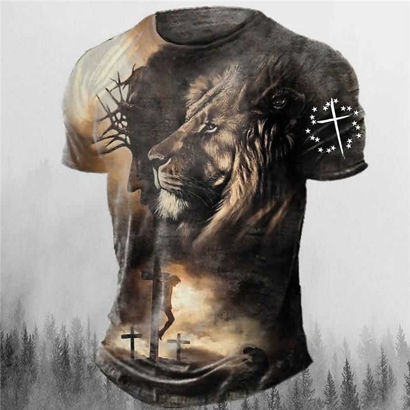Men's Graphic Animal Lion Faith T Shirt Short Sleeve T shirt 3D Print Crew Neck Shirt Vintage Fashion Designer Outdoor